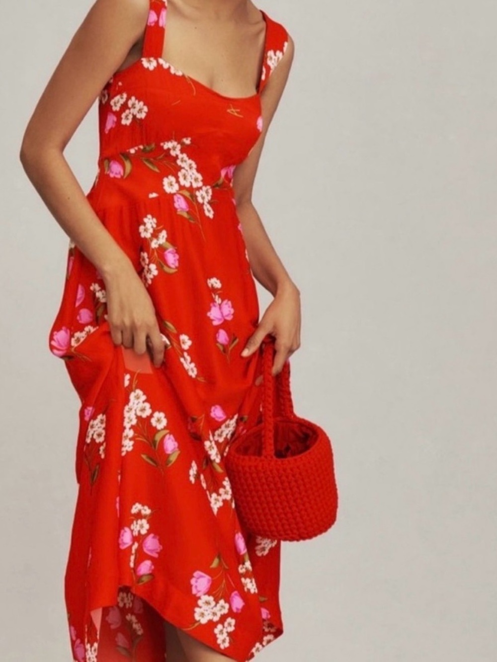 Anthropologie Jocelyn Slip Dress Red with Pink & White Blossoms